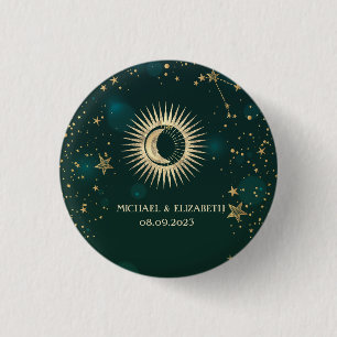 Celestial Gold Sun and Moon Stars Green Button
