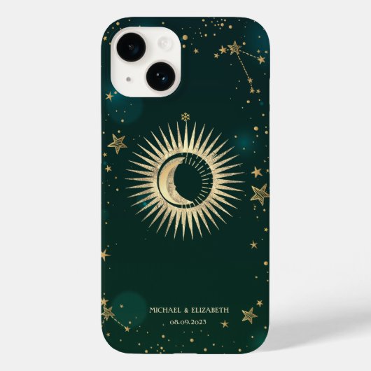 Celestial Gold Sun and Moon Stars Green Case-Mate iPhone Hülle (Rückseite)