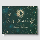 Celestial Gold Sun and Moon Stars Green Gästebuch (Vorderseite)