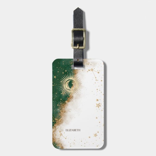 Celestial Gold Sun and Moon Stars Green Gepäckanhänger (Vorderseite vertikal)