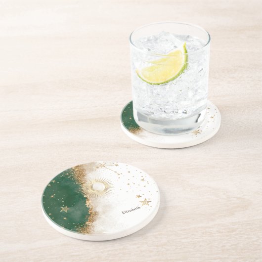 Celestial Gold Sun and Moon Stars Green Getränkeuntersetzer (Seite)