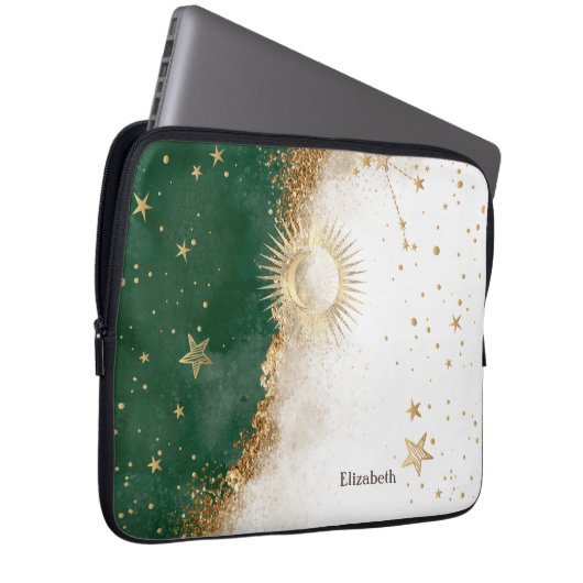 Celestial Gold Sun and Moon Stars Green Laptopschutzhülle (Vorne Rechts)