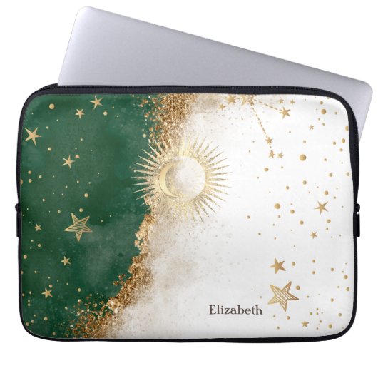 Celestial Gold Sun and Moon Stars Green Laptopschutzhülle (Vorderseite)