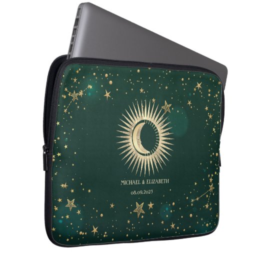 Celestial Gold Sun and Moon Stars Green Laptopschutzhülle (Vorne Rechts)