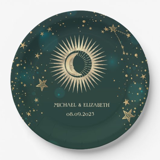 Celestial Gold Sun and Moon Stars Green Pappteller (Vorderseite)