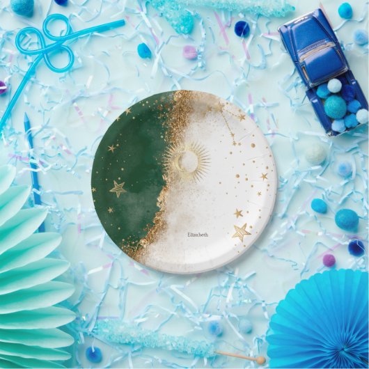 Celestial Gold Sun and Moon Stars Green Pappteller (Party)