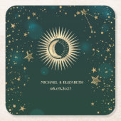 Celestial Gold Sun and Moon Stars Green Rechteckiger Pappuntersetzer (Vorderseite)