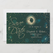 Celestial Gold Sun and Moon Stars Green Save The Date (Vorderseite)