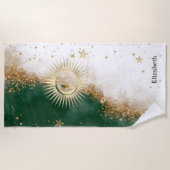 Celestial Gold Sun and Moon Stars Green Strandtuch (Vorderseite)