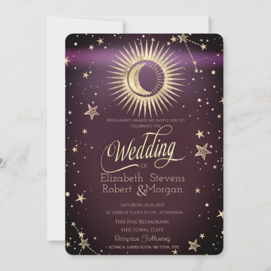 Celestial Gold Sun and Moon Stars Hochzeit Burgund Einladung (Vorderseite)