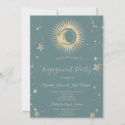 Celestial Gold Sun and Moon Stars Minze Green Einladung (Vorderseite)