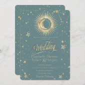 Celestial Gold Sun and Moon Stars Minze Green Einladung (Vorne/Hinten)