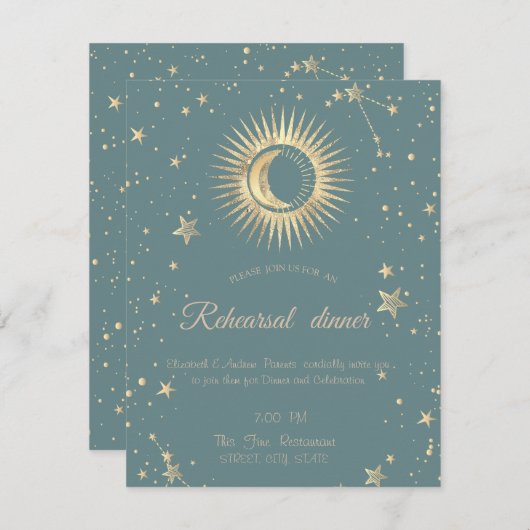 Celestial Gold Sun and Moon Stars Minze Green Einladung (Vorne/Hinten)