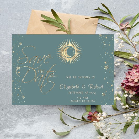 Celestial Gold Sun and Moon Stars Minze Green Save The Date