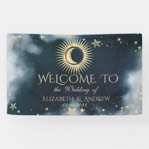 Celestial Gold Sun and Moon Stars Night Sky Banner