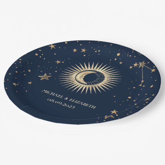 Celestial Gold Sun and Moon Stars Pappteller (Schrägansicht)