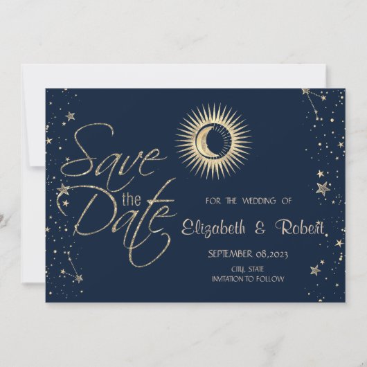 Celestial Gold Sun and Moon Stars Save The Date (Vorderseite)