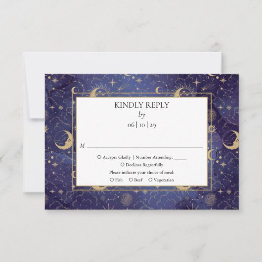 Celestial Gold Sun and Moon Wedding RSVP Karte (Vorderseite)