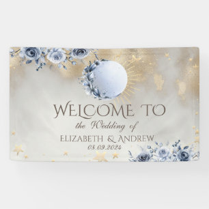 Celestial Gold Sun, Blue Moon Rose Gold Stars Banner