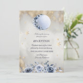 Celestial Gold Sun, Blue Moon Rose Gold Stars Einladung (Stehend Vorderseite)