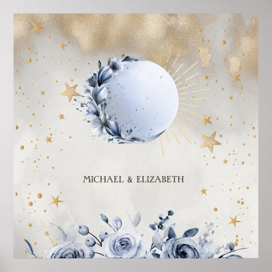 Celestial Gold Sun, Blue Moon Rose Gold Stars Poster (Vorne)