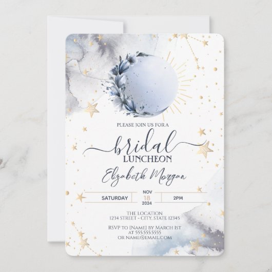 Celestial Gold Sun, Blue Moon, Stars Bridal Lunche Einladung (Vorderseite)