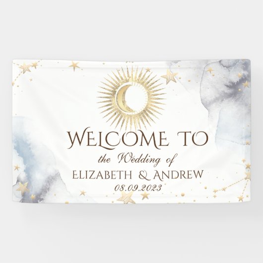 Celestial Gold Sun, Mond, Sterne Banner (Horizontal)