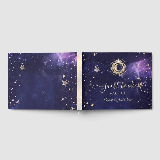 Celestial Gold Sun, Mond, Sterne Lila Gästebuch (Voll)