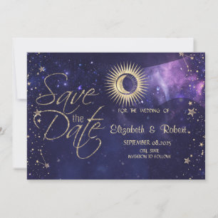 Celestial Gold Sun, Mond, Sterne Lila Save The Date