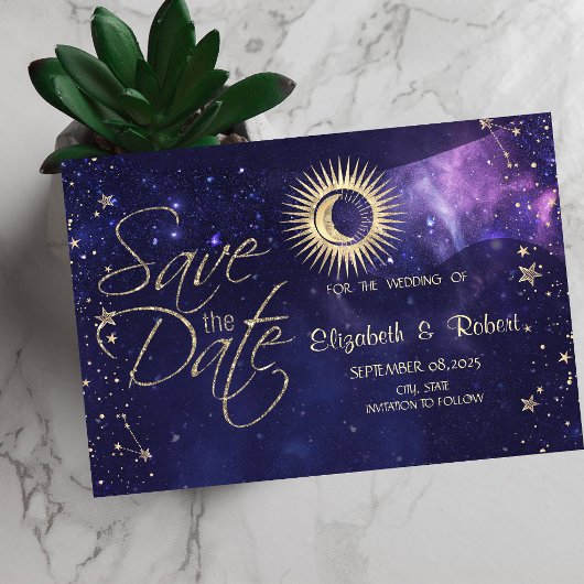 Celestial Gold Sun, Mond, Sterne Lila Save The Date