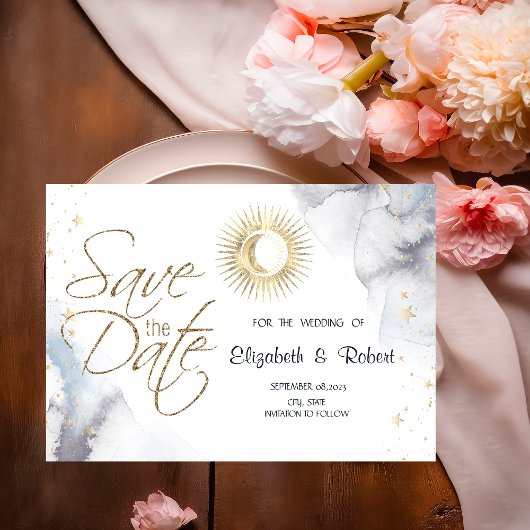 Celestial Gold Sun, Mond, Sterne Save The Date