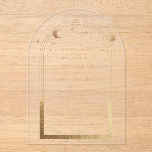 Celestial Gold Sun Moon Astronomie Hochzeit Acryleinladungen (Vorderseite)