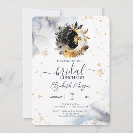 Celestial Gold Sun, Moon, Blume Bridal Luncheon Einladung (Vorderseite)