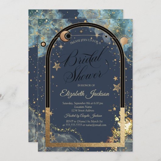 Celestial Gold Sun Moon Gold Glitzer Brautparty Einladung (Vorne/Hinten)