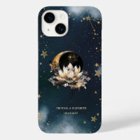 Celestial Gold Sun, Moon, Lotus Stars Night Sky