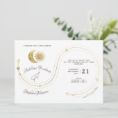 Celestial Gold Sun & Moon Monogram Wappen QR Code Einladung (Stehend Vorderseite)