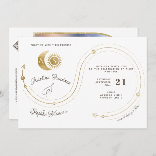 Celestial Gold Sun & Moon Monogram Wappen QR Code Einladung (Vorne/Hinten)