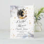Celestial Gold Sun, Moon, Stars Blume Brautparty Einladung (Stehend Vorderseite)