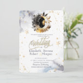 Celestial Gold Sun, Moon, Stars Blume Hochzeit Einladung (Stehend Vorderseite)