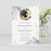 Celestial Gold Sun, Moon, Stars Blume Hochzeit Einladung (Stehend Vorderseite)