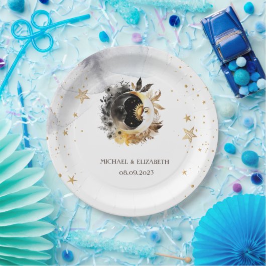 Celestial Gold Sun, Moon, Stars Blume Pappteller (Party)