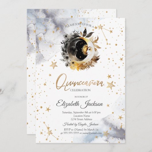 Celestial Gold Sun, Moon, Stars Blume Quinceanera Einladung (Vorne/Hinten)