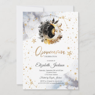 Celestial Gold Sun, Moon, Stars Blume Quinceanera Einladung