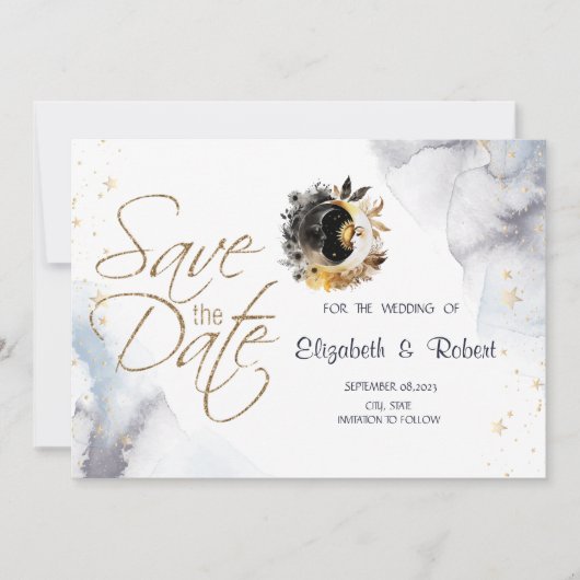 Celestial Gold Sun, Moon, Stars Blume Save The Date (Vorderseite)