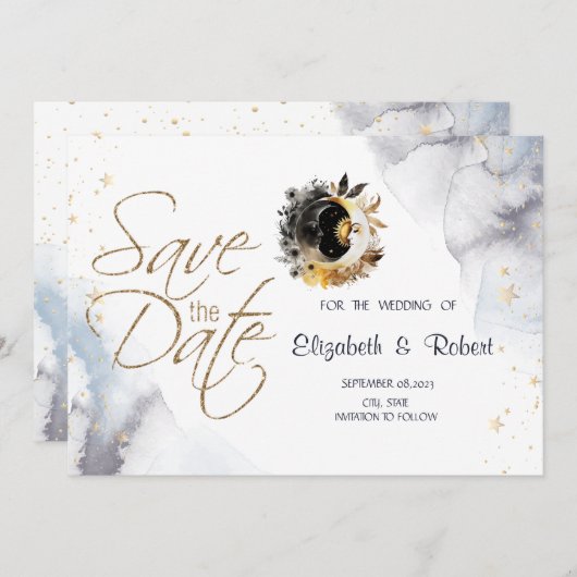 Celestial Gold Sun, Moon, Stars Blume Save The Date (Vorne/Hinten)