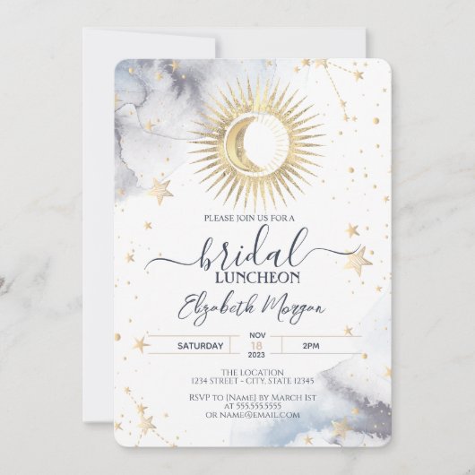 Celestial Gold Sun, Moon, Stars Bridal Luncheon Einladung (Vorderseite)