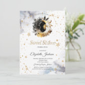 Celestial Gold Sun,Moon,Stars Flower Sweet 16 Einladung (Stehend Vorderseite)