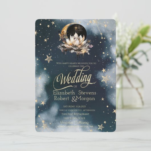 Celestial Gold Sun, Moon, Stars Lotus Night Sky Einladung (Stehend Vorderseite)