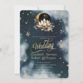 Celestial Gold Sun, Moon, Stars Lotus Night Sky Einladung (Vorderseite)