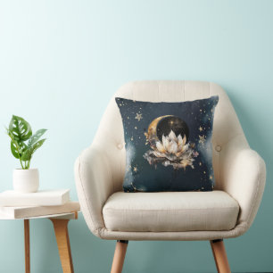 Celestial Gold Sun, Moon, Stars Lotus Night Sky Kissen